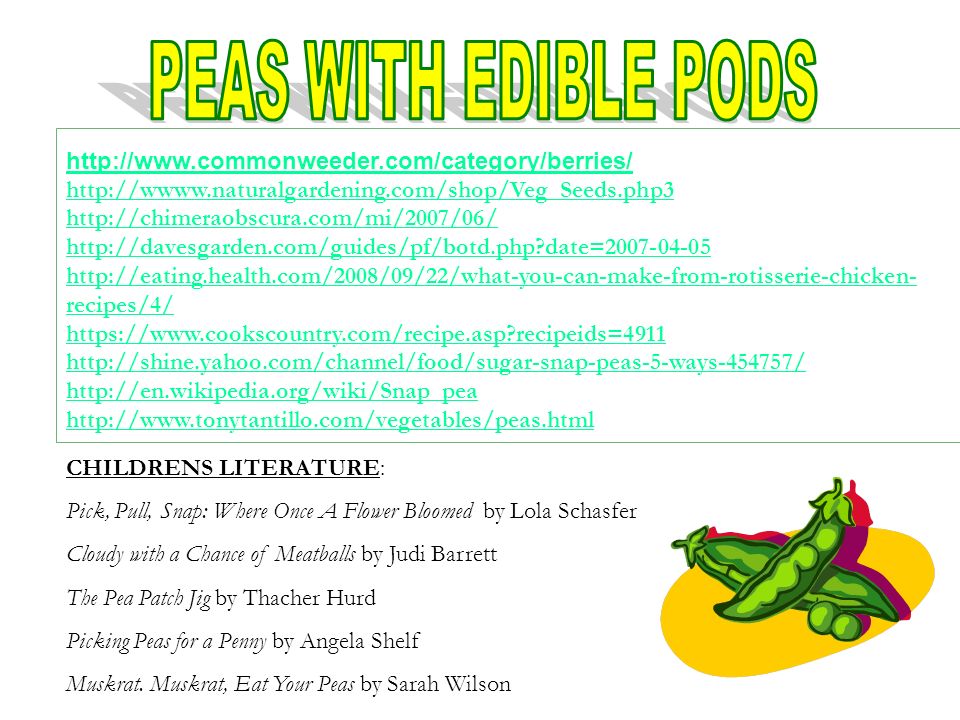 date= recipes/4/   recipeids= CHILDRENS LITERATURE: Pick, Pull, Snap: Where Once A Flower Bloomed by Lola Schasfer Cloudy with a Chance of Meatballs by Judi Barrett The Pea Patch Jig by Thacher Hurd Picking Peas for a Penny by Angela Shelf Muskrat.