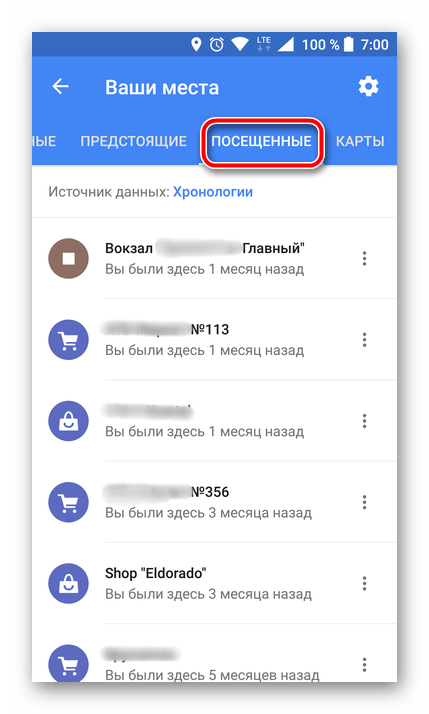 Список посещенных мест в мобильном Google Maps