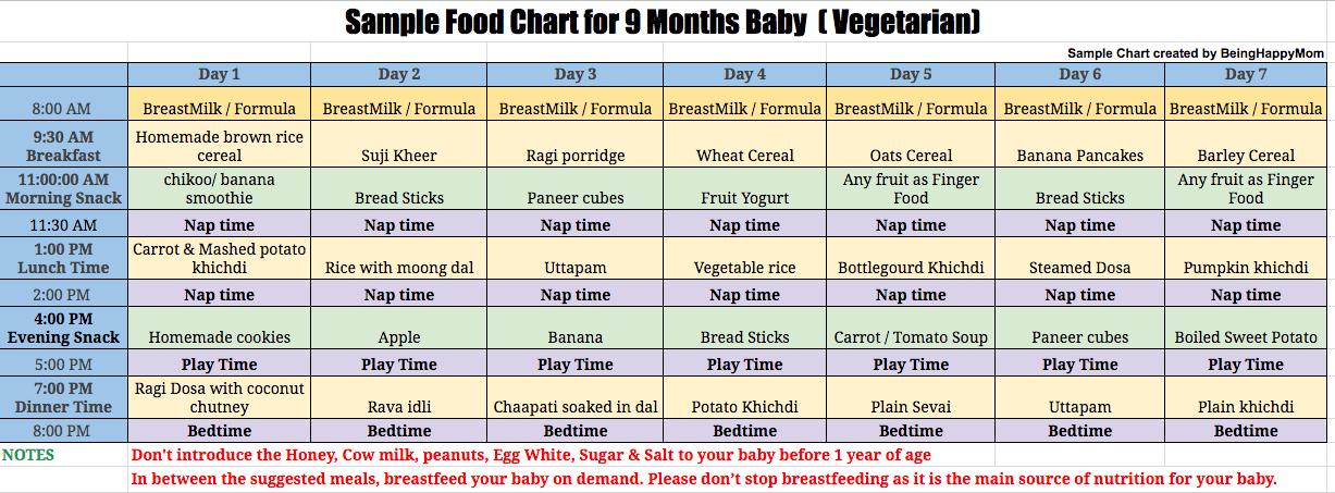 Sample Food chart for 9 months baby